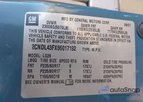 2008 Chevrolet Equinox Lt из США, поврежденный, VIN 2CNDL43FX86017192